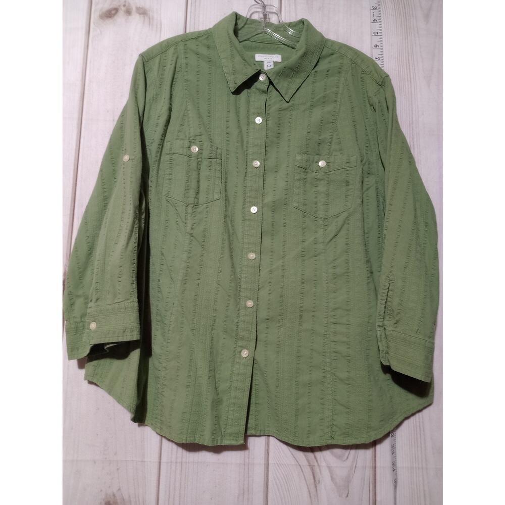 Charter‎ Club Woman Green Cotton Textured Stripe Roll Tab Button Down Shirt 18W